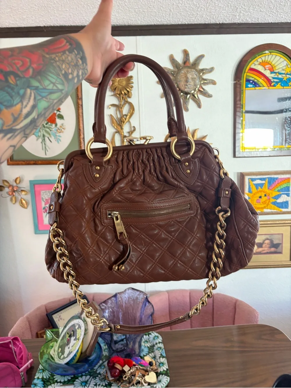 Marc Jacobs Stam Purse Satchel Frame Handbag Brown Quilted Leather Chain Strap